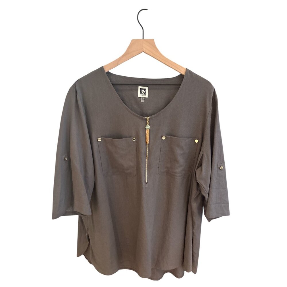 Anne Klein Womens 2X Brown Linen Blend Blouse W/ Half Sleeves & Front Zipper Det